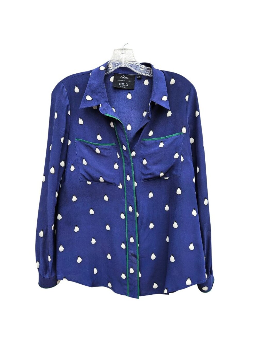 Alcée for Barneys New York Co-Op Silk Penguin Print Shirt Green Trim XS to S